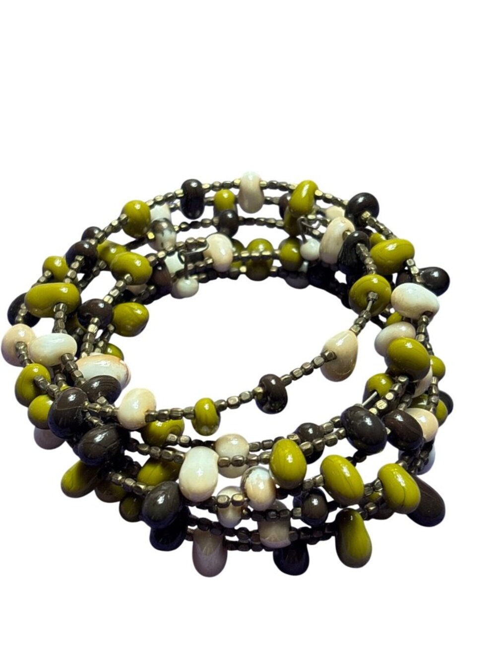 Boho Green Beige Cream Brown Grey Beaded Memory Wire Bracelet